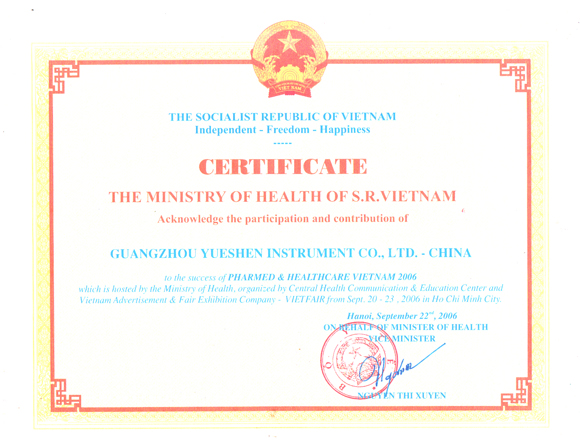 Certificate of Honor Issued by Ministry of Health of Vietnam